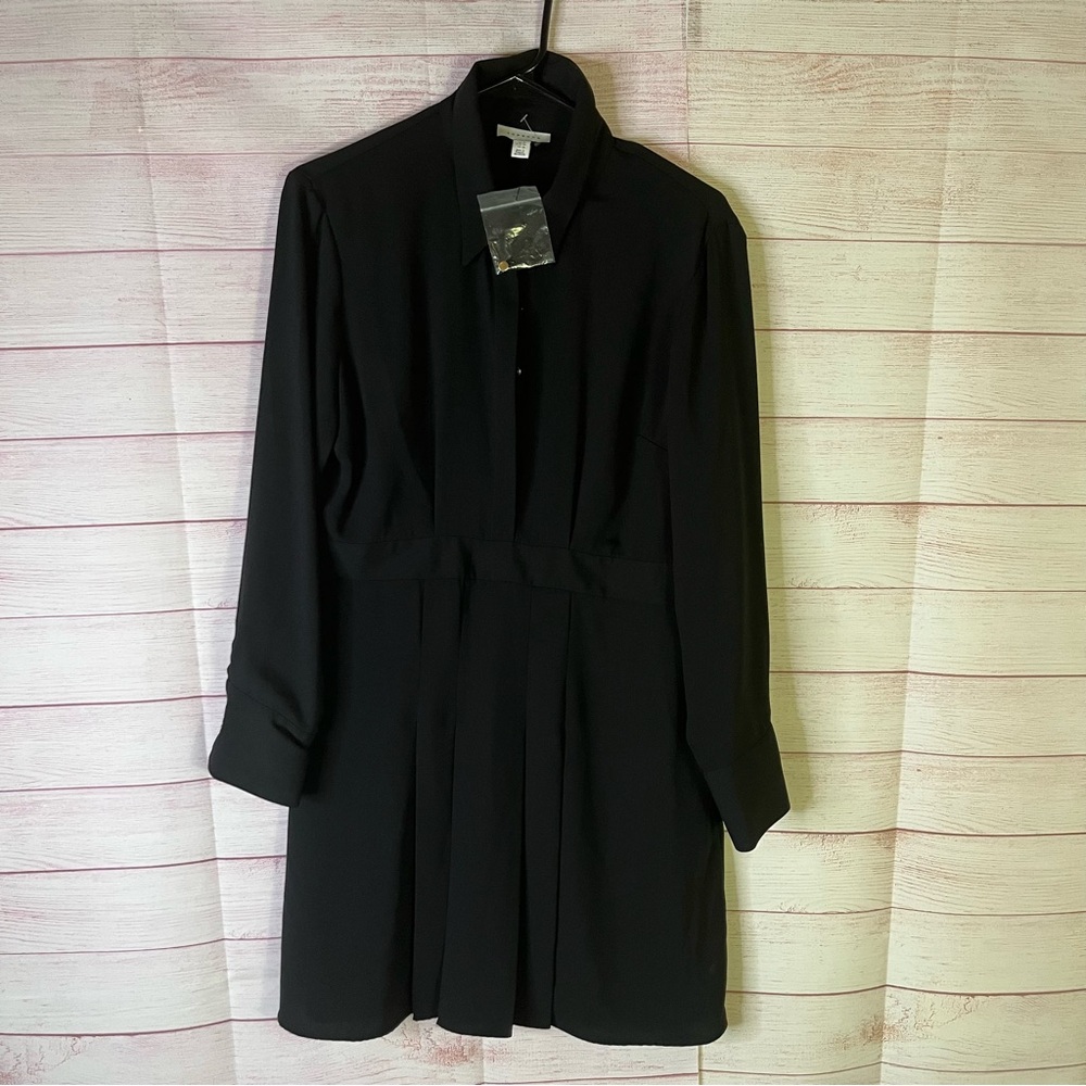 Topshop Black Pleated Pointed Collar‎ Long Sleeve Dress Size 10
